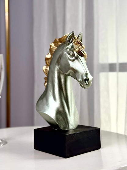High Objects silver horse head bust with gold mane on black base, polyresin showpiece.