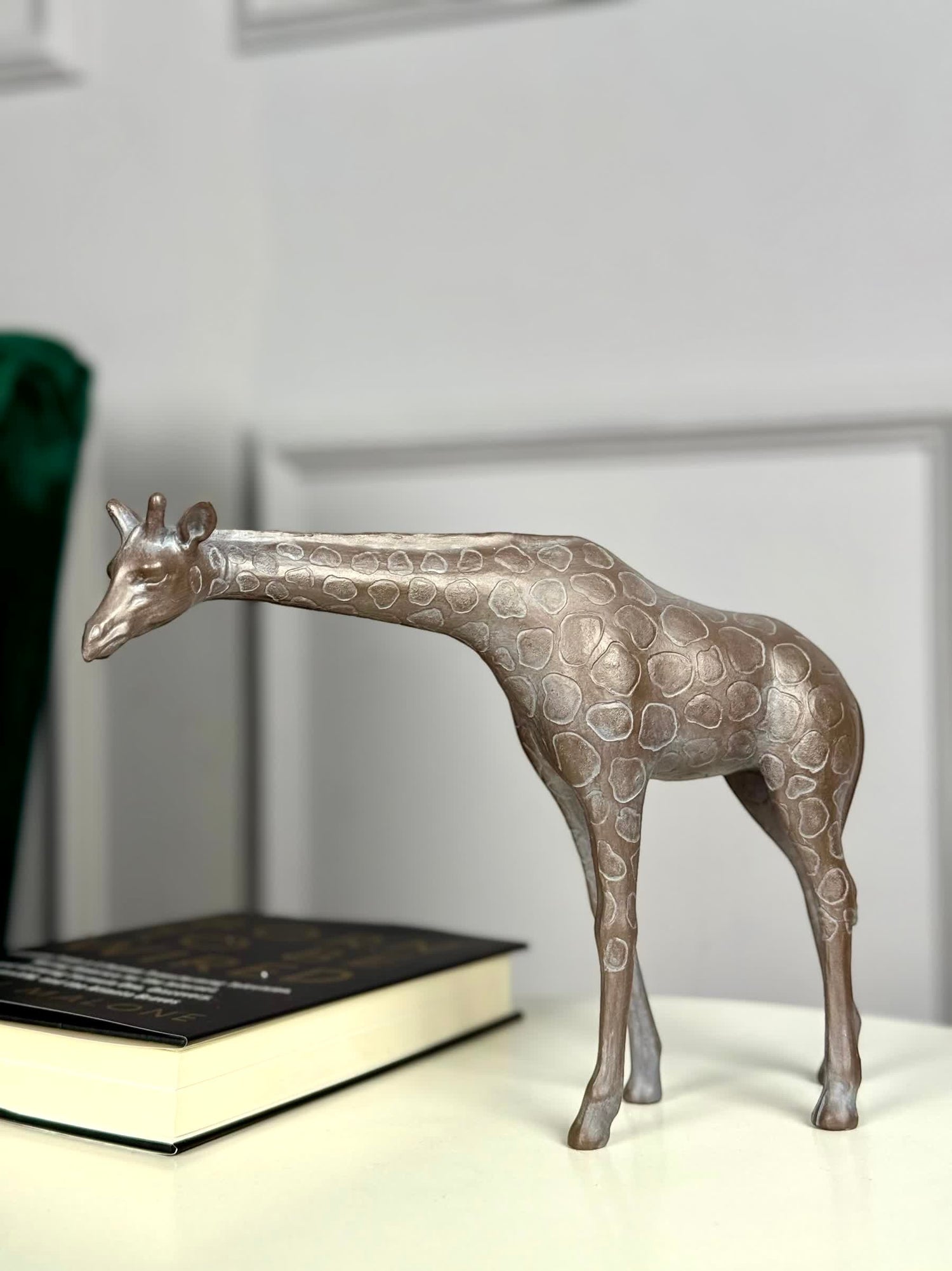 High Objects Savannah Grace showpiece, a bronze-toned polyresin giraffe sculpture with textured spots, 8 inches tall.