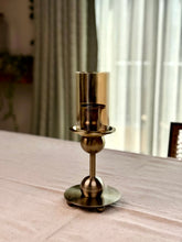 High Objects Seren Column Candle Stand Set, antique brass metal with sphere detail and tinted glass hurricane cover.