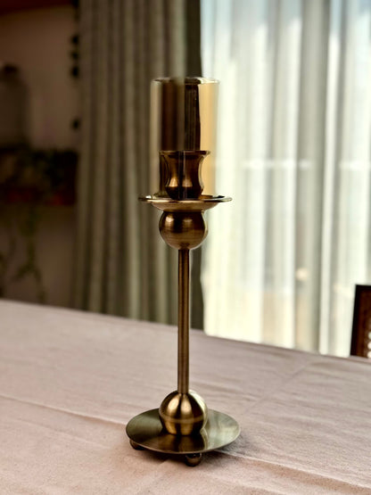 High Objects Seren Column Candle Stand Set, antique brass metal with sphere detail and tinted glass hurricane cover.