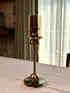 High Objects Seren Column Candle Stand Set, antique brass metal with sphere detail and tinted glass hurricane cover.