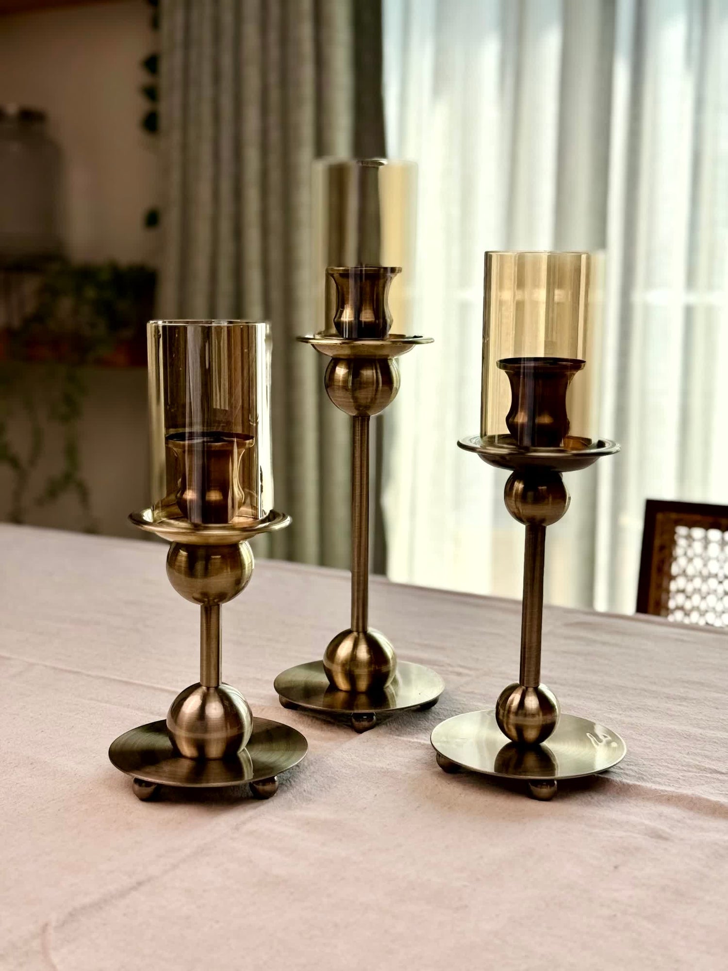 High Objects Seren Column Candle Stand Set, antique brass metal with tinted glass hurricanes, set of 3