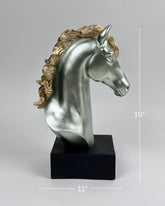 High Objects silver horse head bust with gold mane on black base, 16" tall