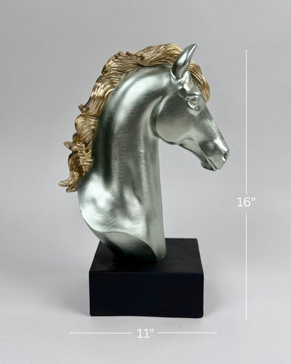 High Objects silver horse head bust with gold mane on black base, 16" tall