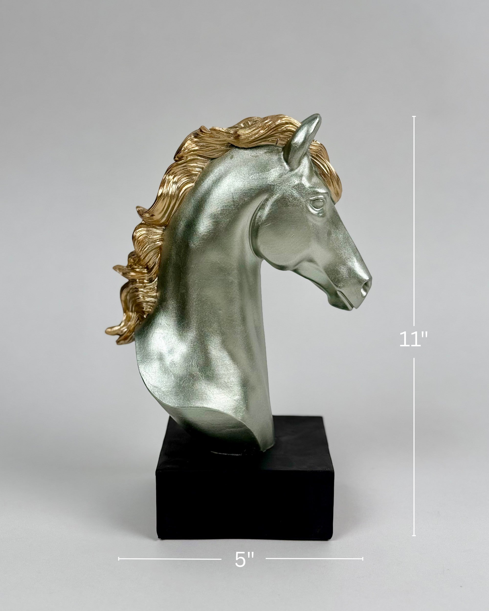 High Objects silver horse head showpiece with gold mane on black base, 11" H x 5" W