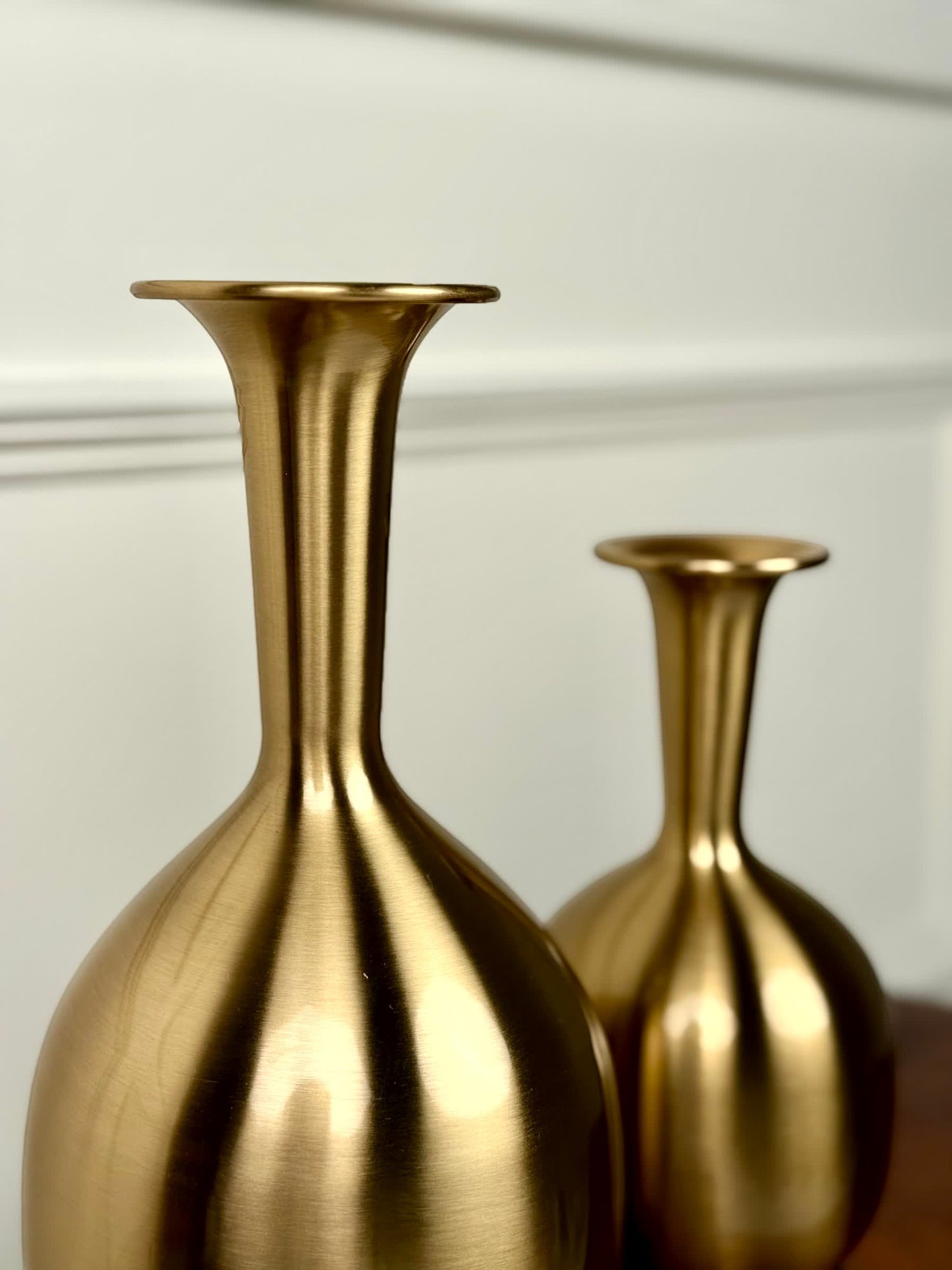 High Objects Solara Sculpted Vase, set of 2, gold metallic finish, rounded body, slender neck, flared rim, modern decor
