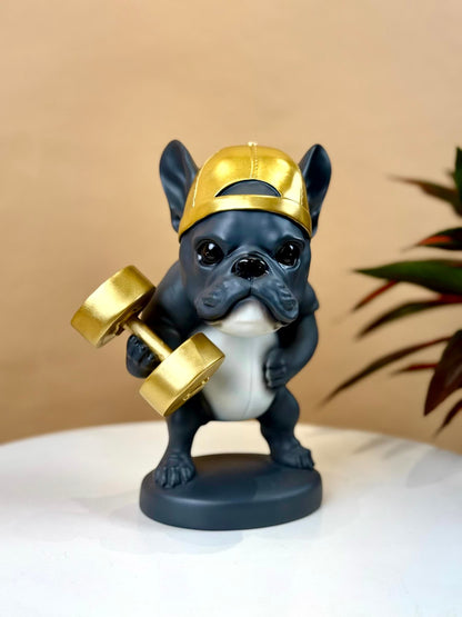 High Objects Sport Bulldog (Lift) showpiece, a dark grey French bulldog lifting a gold dumbbell and wearing a gold cap.
