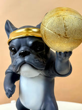 High Objects Sport Bulldog showpiece in matte black and grey, holding a gold basketball and wearing a gold headband.