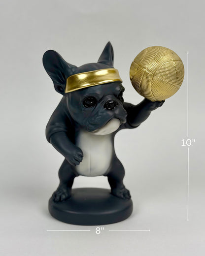 High Objects Sport Bulldog showpiece in matte black and grey, wearing a gold headband and holding a gold basketball.