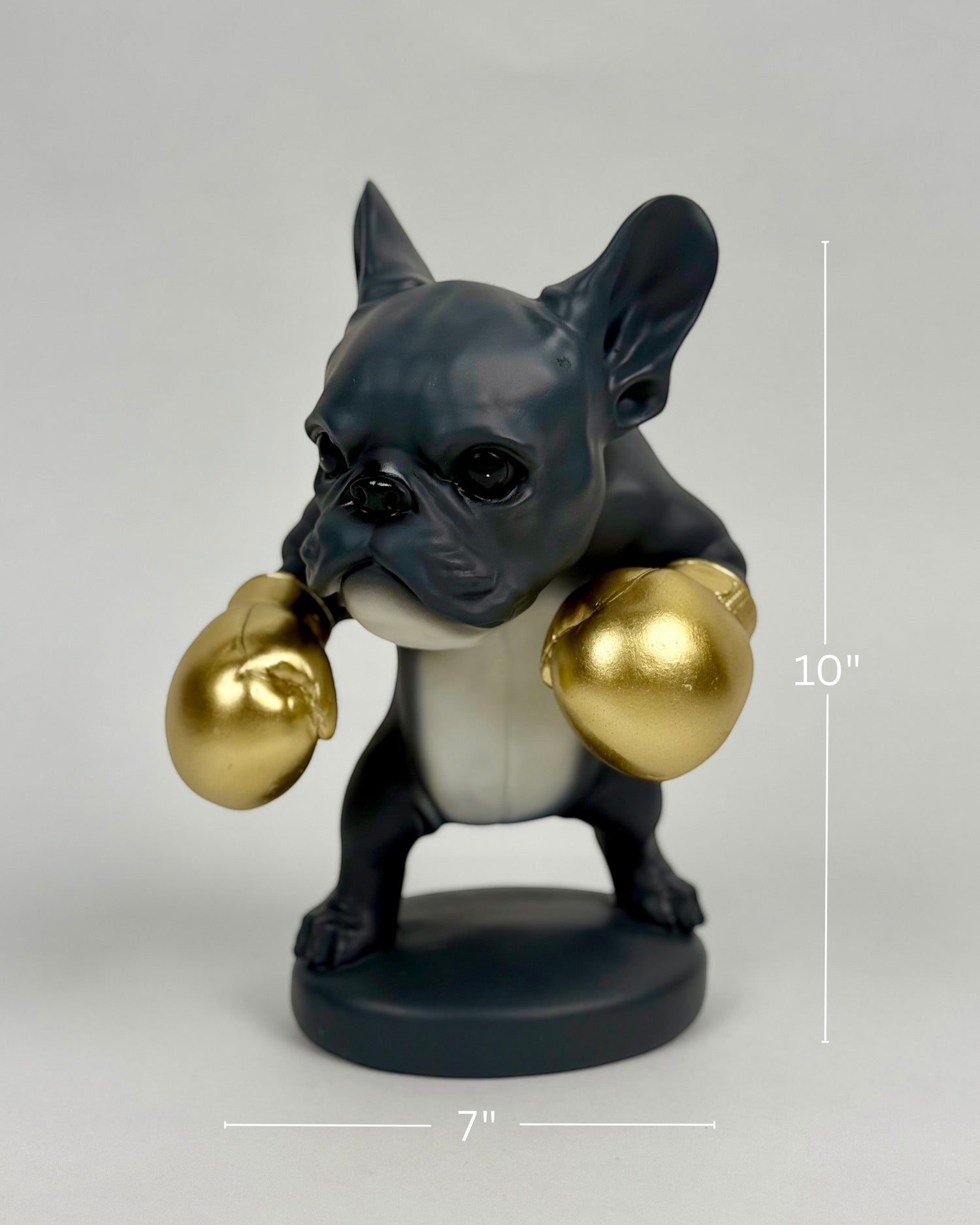 High Objects Sport Bulldog showpiece in matte black and grey with metallic gold boxing gloves.