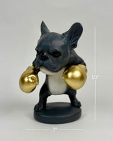High Objects Sport Bulldog showpiece in matte black and grey with metallic gold boxing gloves.