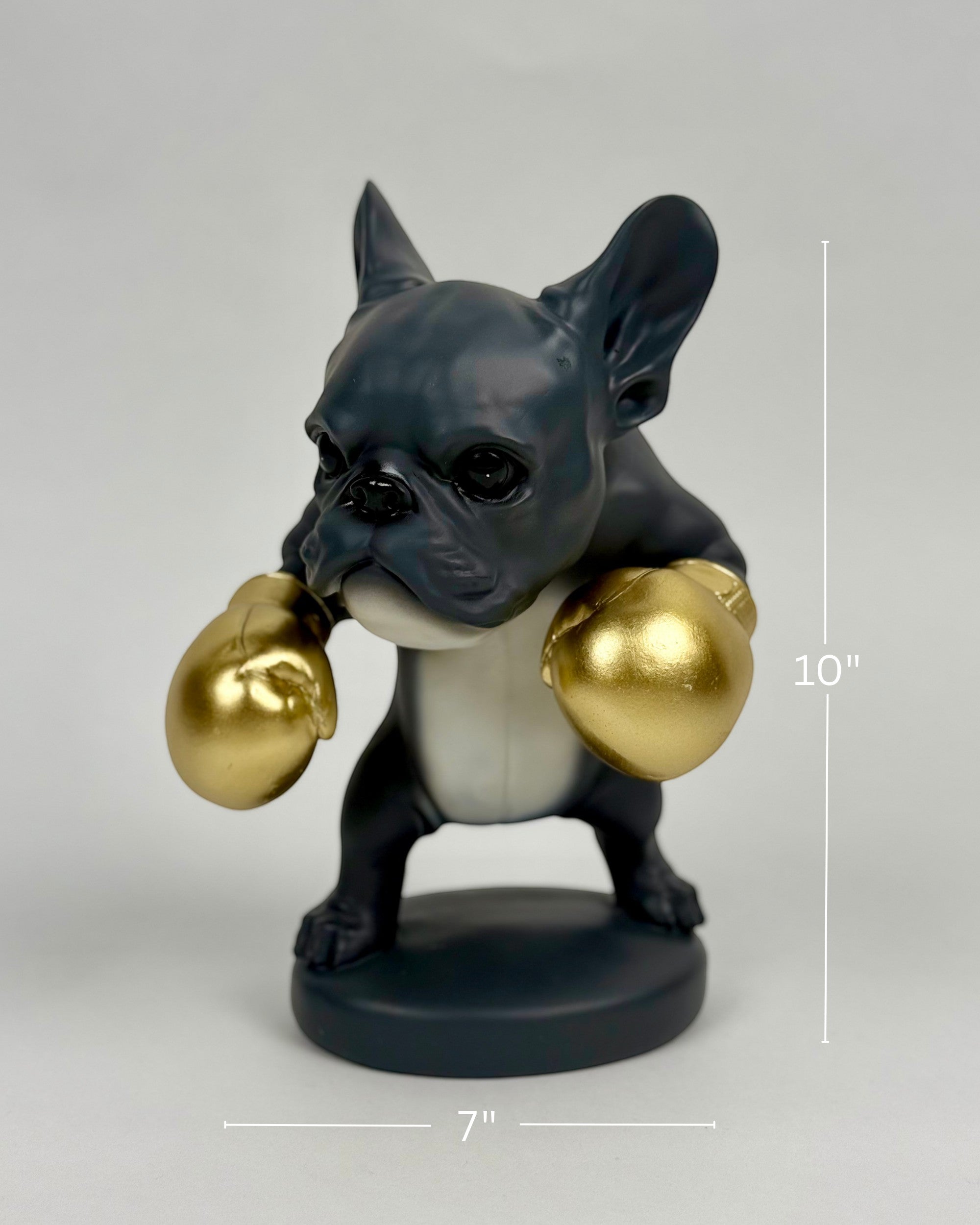 High Objects Sport Bulldog showpiece in matte black and grey with metallic gold boxing gloves.