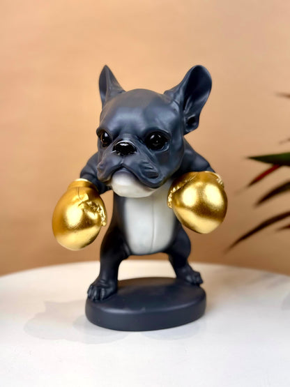High Objects Sport Bulldog showpiece in matte black and grey with metallic gold boxing gloves.