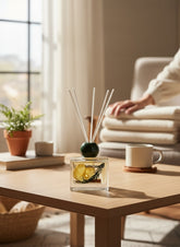 High Objects elegant square glass aroma reed diffuser with cloves scent, 110ML, featuring a clear glass bottle and reed sticks.