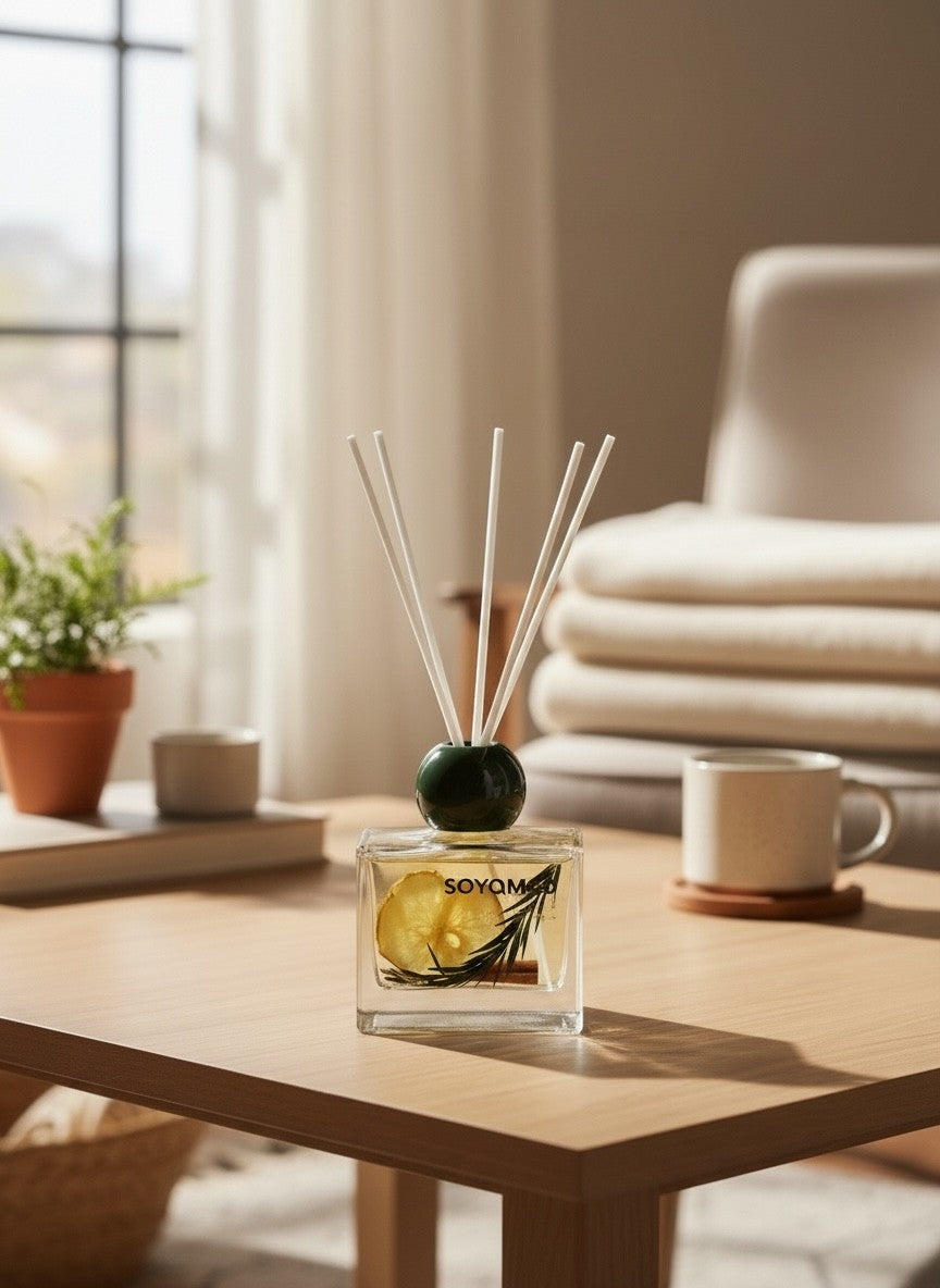 High Objects elegant square glass aroma reed diffuser with cloves scent, 110ML, featuring a clear glass bottle and white reed sticks.