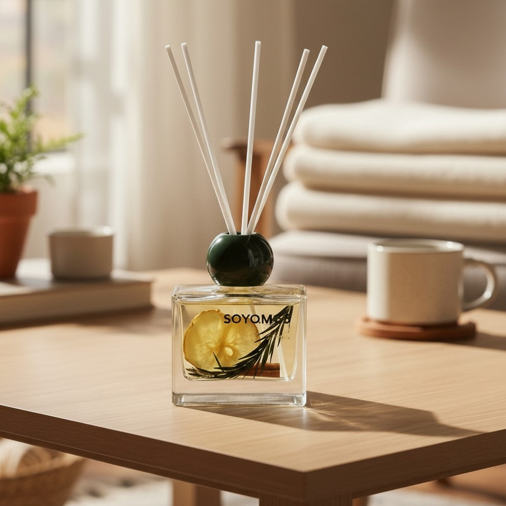 High Objects elegant square glass aroma reed diffuser with cloves scent, 110ML, featuring a clear glass bottle and white reed sticks.