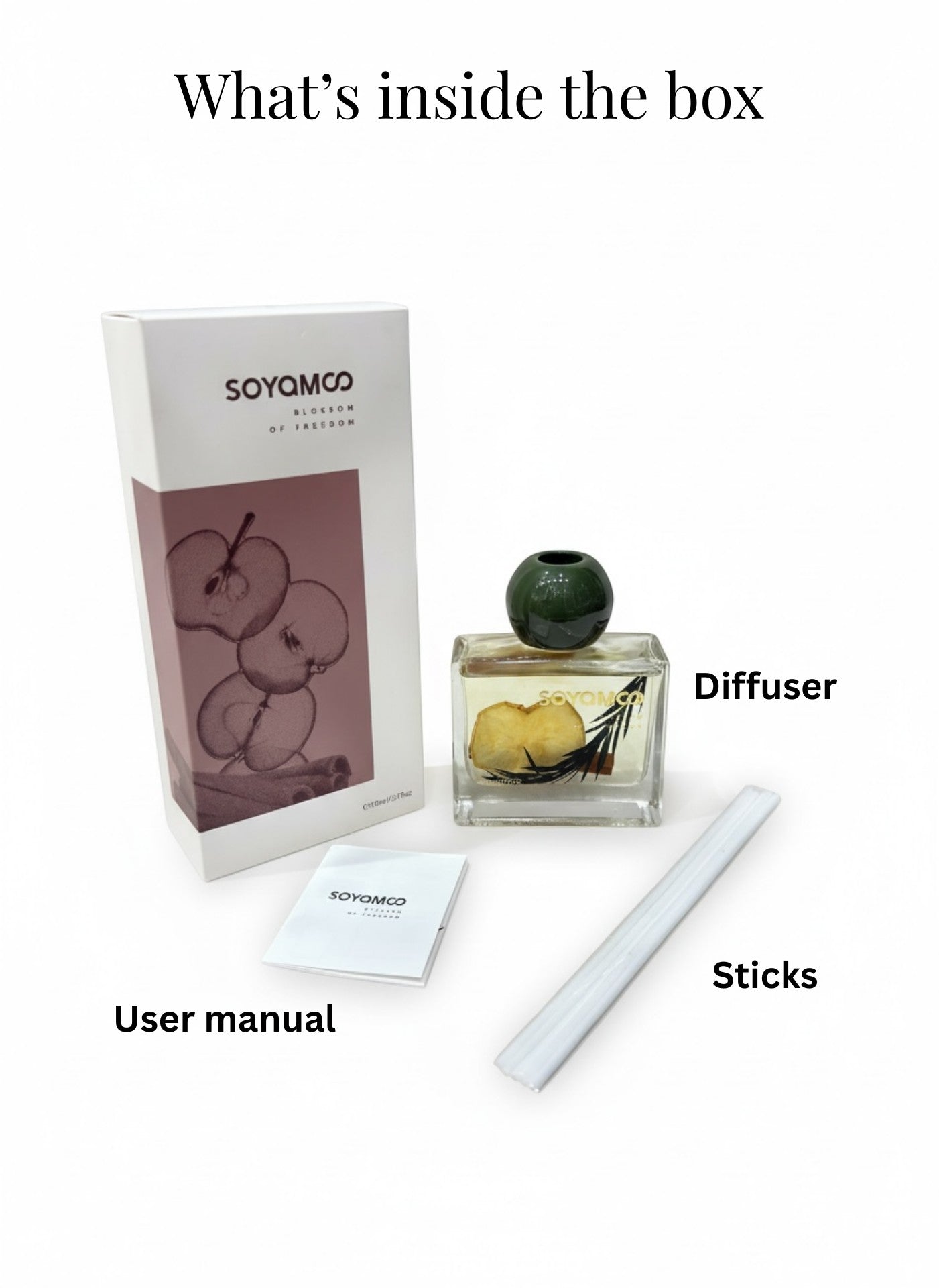 High Objects elegant square glass aroma reed diffuser with cloves scent, 110ML, includes user manual and sticks.