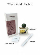 High Objects elegant square glass aroma reed diffuser with cloves scent, 110ML, includes user manual and sticks.