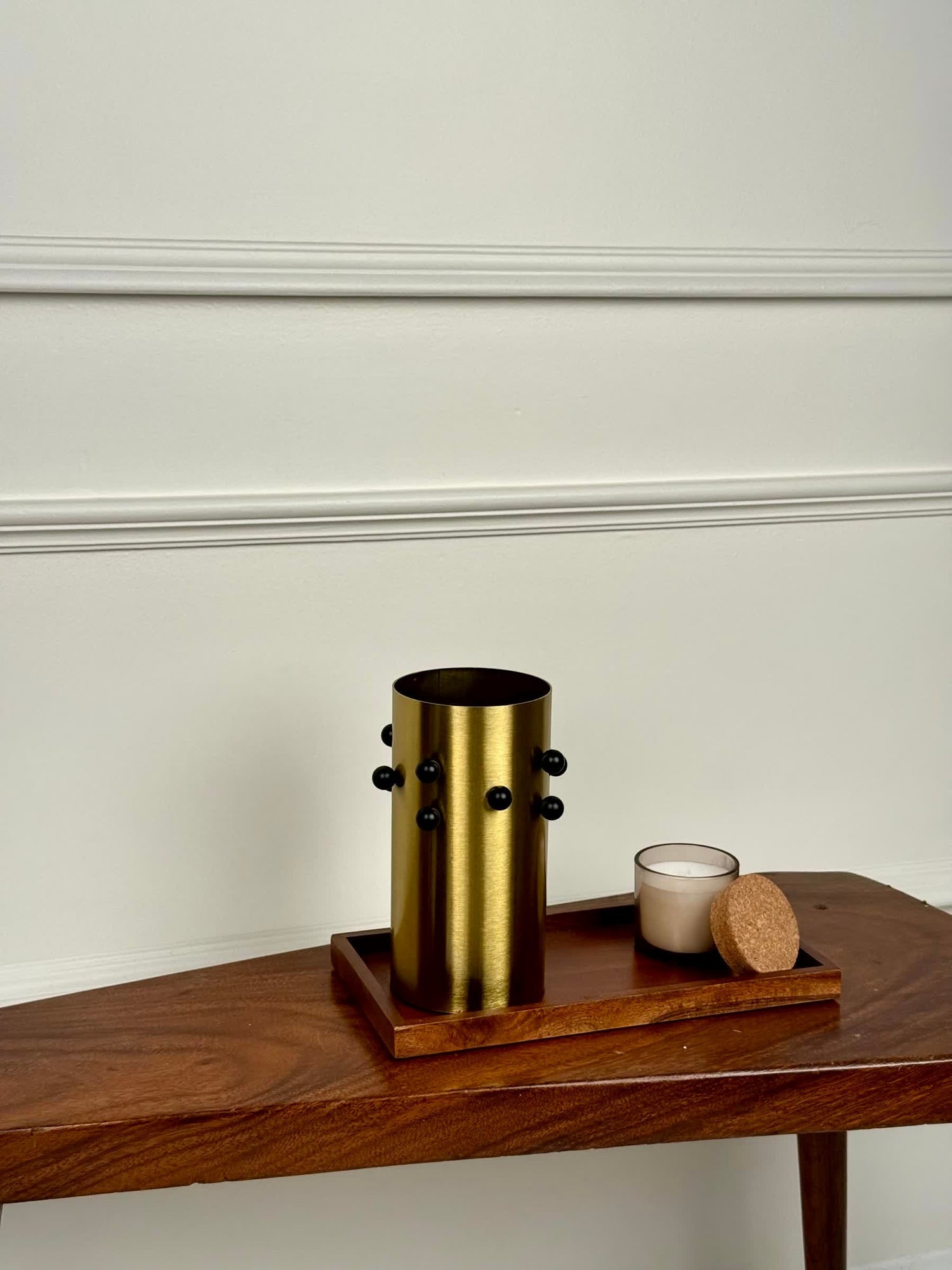 High Objects Studform Metal Vase, gold brushed metallic finish with black rounded studs, cylindrical shape, modern decor accent.