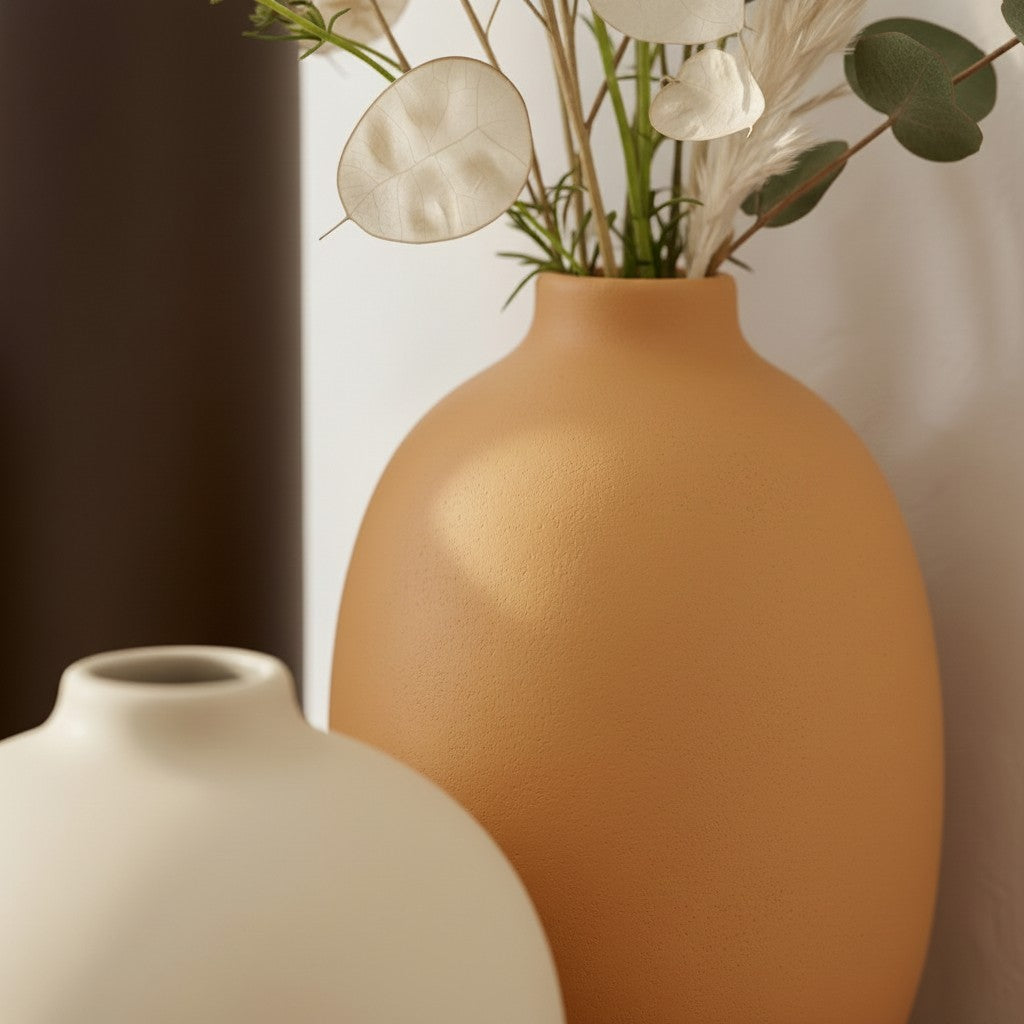 High Objects terracotta ceramic vase with dried flowers and a white tag