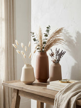 High Objects set of 3 ceramic vases in beige, tan, and brown with textured diagonal lines.