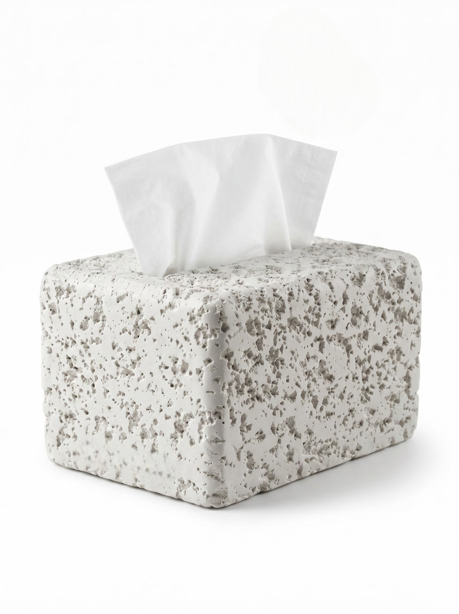 High Objects textured white concrete tissue box with a hand pulling a tissue. Modern decor.