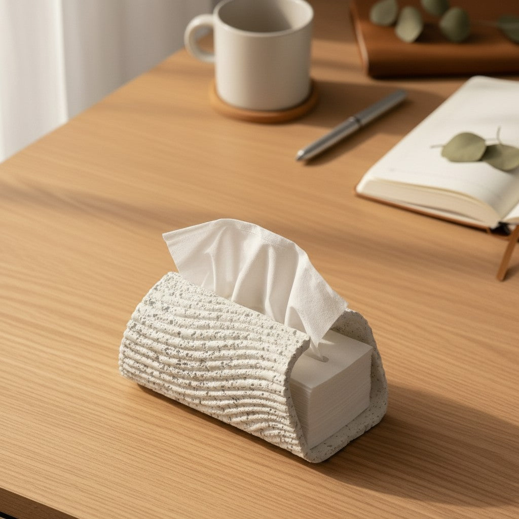 High Objects textured white tissue box holder with wavy design, holding white tissues.