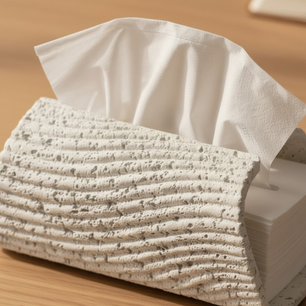 High Objects textured white tissue box holder with wavy design, holding white tissues.