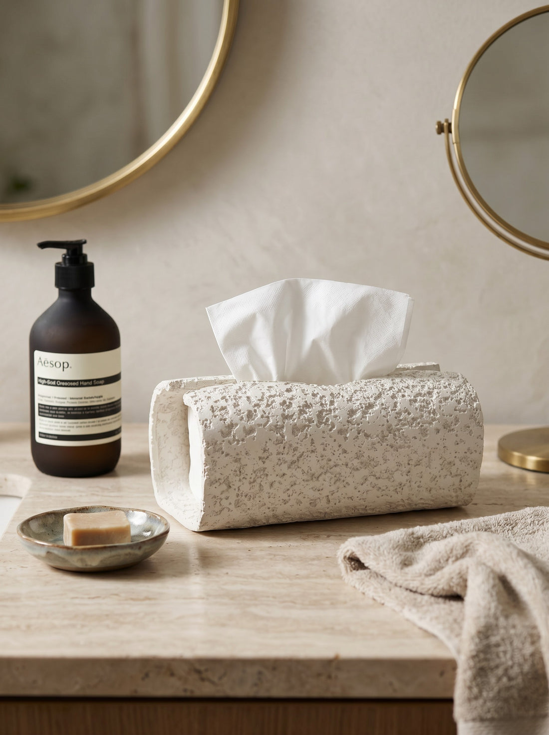 High Objects textured white ceramic tissue box holder with a rough, organic finish.