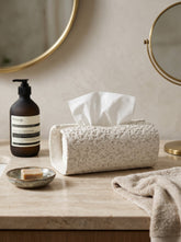 High Objects textured white ceramic tissue box holder with a rough, organic finish.