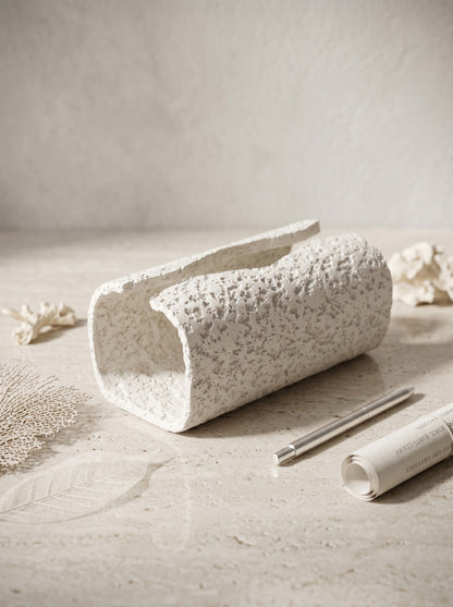 High Objects textured white ceramic tissue box holder with a rough, organic finish.