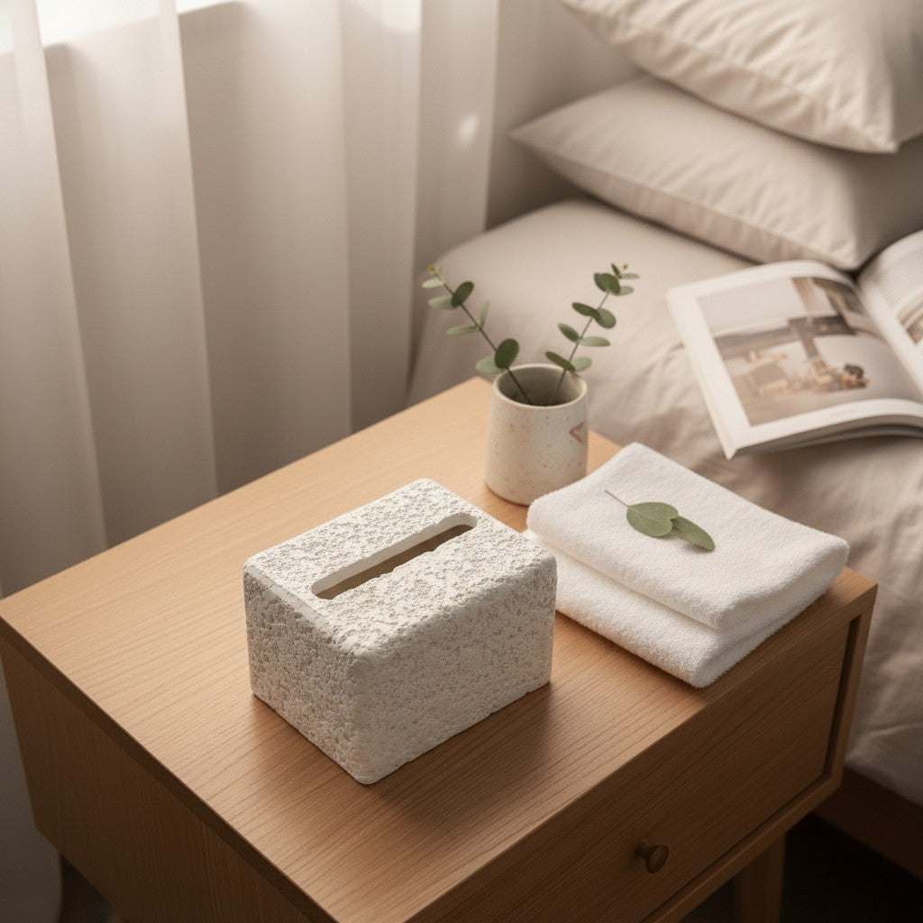 High Objects textured white rectangular tissue box on a wooden nightstand with folded towels and a book.
