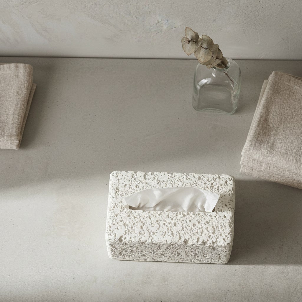 High Objects textured white rectangular tissue box holder with a minimalist design, perfect for modern bathrooms.