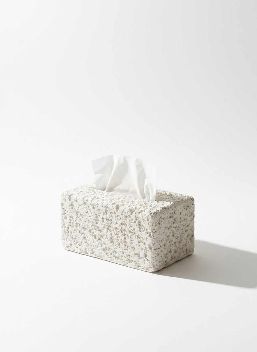 High Objects textured white rectangular tissue box holder with a minimalist design, perfect for modern bathrooms.