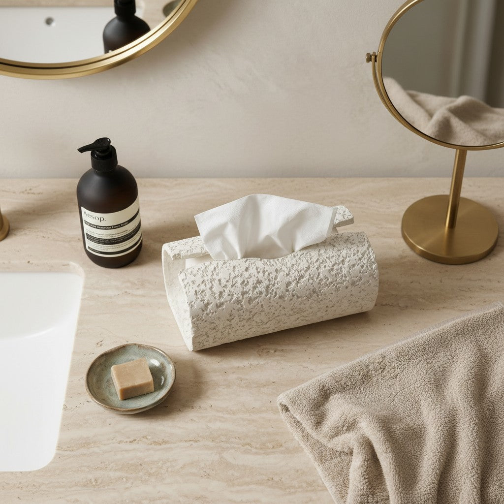 High Objects textured white rectangular tissue box holder on a marble countertop with soap and towel.