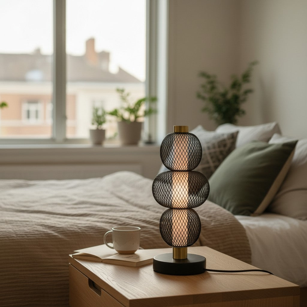 High Objects Trinity Slim Mesh Table Lamp with stacked spherical shades and warm ambient light.