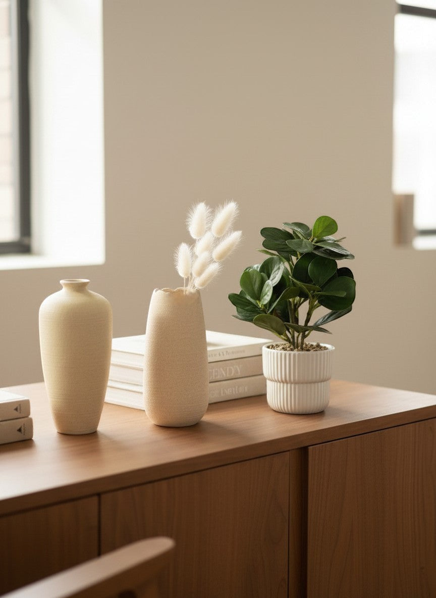 High Objects beige textured ceramic vases and artificial ficus plant on wooden cabinet. Home decor bundle.