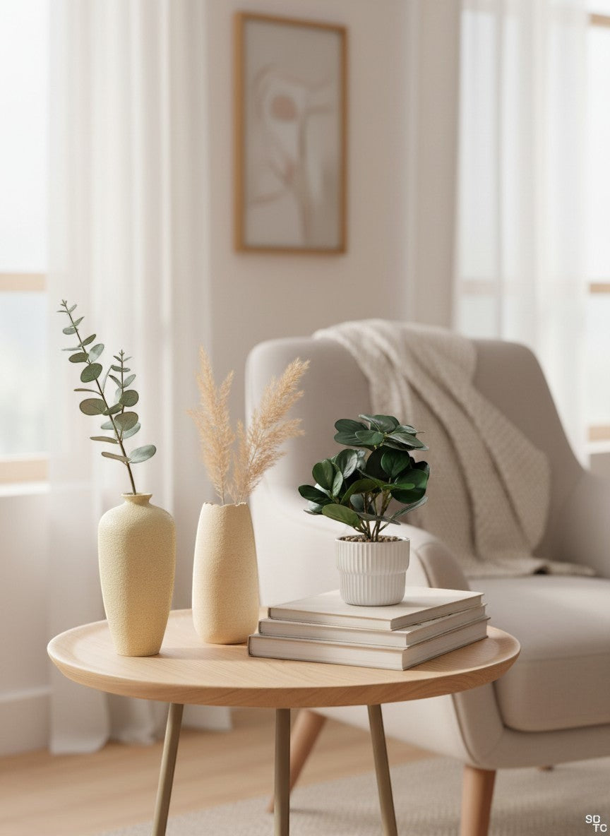High Objects beige ceramic vases and artificial ficus plant in white ribbed pot. Home decor bundle.