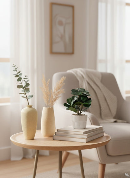 High Objects beige ceramic vases and artificial ficus plant in white ribbed pot. Home decor bundle.