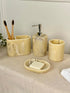 High Objects Veinstone Bathroom Accessory Set: soap dish, dispenser, toothbrush holder, and cup in cream with brown veining.