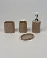 High Objects Weaveform Bathroom Accessory Set in beige with woven texture. Includes soap dispenser, toothbrush holder, and soap dish.