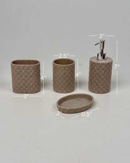 High Objects Weaveform Bathroom Accessory Set in beige with woven texture. Includes soap dispenser, toothbrush holder, and soap dish.