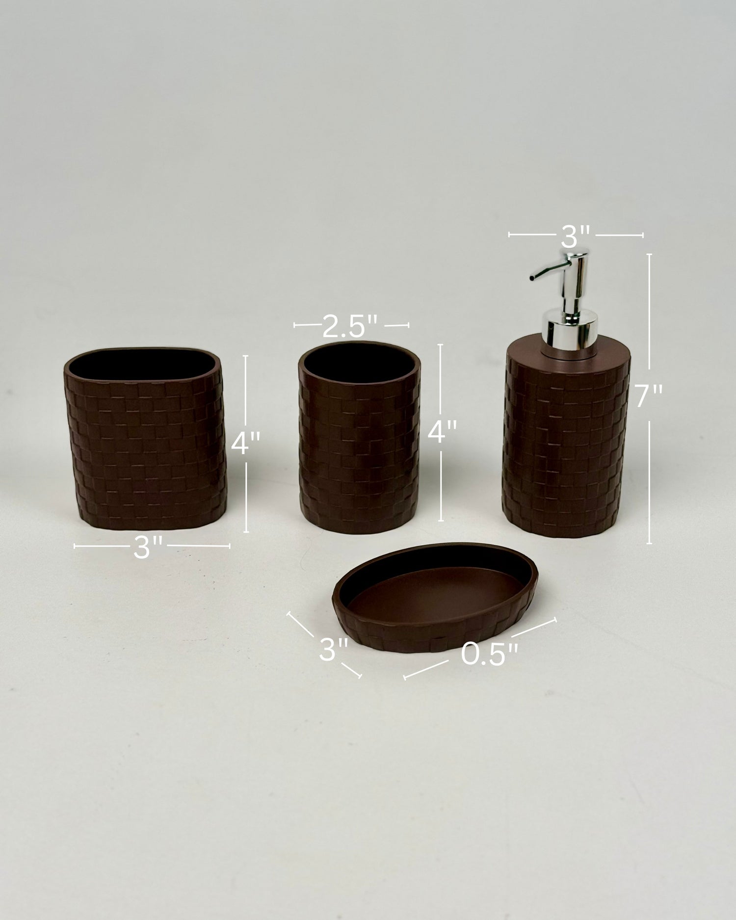 High Objects Weaveform bathroom accessory set in dark brown with woven texture. Includes soap dispenser, toothbrush holder, cup, and soap dish.