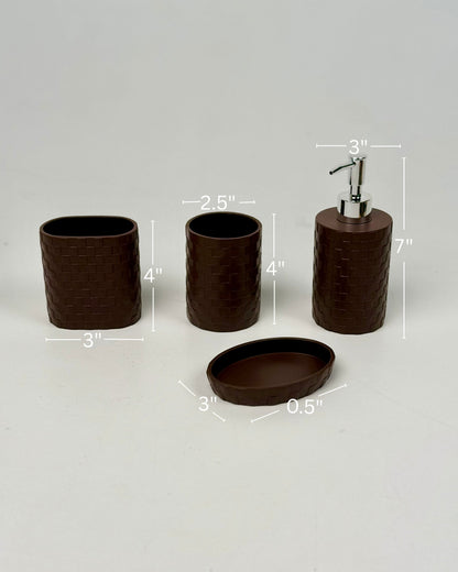 High Objects Weaveform bathroom accessory set in dark brown with woven texture. Includes soap dispenser, toothbrush holder, cup, and soap dish.