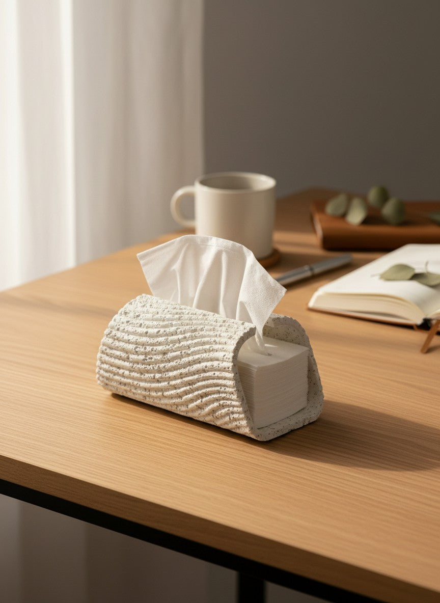 High Objects textured white ceramic tissue box holder with ribbed detail