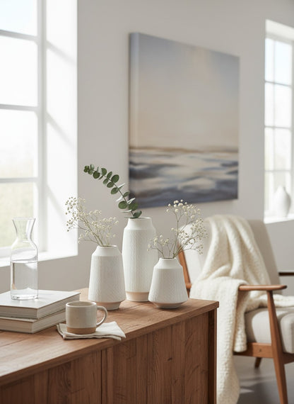 High Objects set of 3 white ceramic vases with textured diagonal line pattern