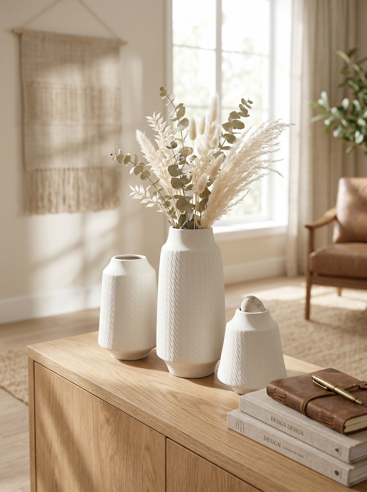 High Objects set of 3 white ceramic vases with textured diagonal line pattern. Small, medium, and large sizes.