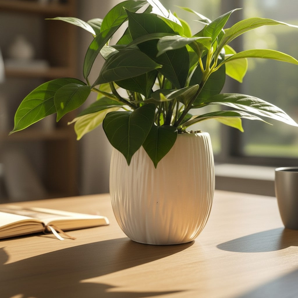 High Objects white ribbed ceramic planter with a lush green plant, next to a dark grey mug and an open notebook on a wooden table.