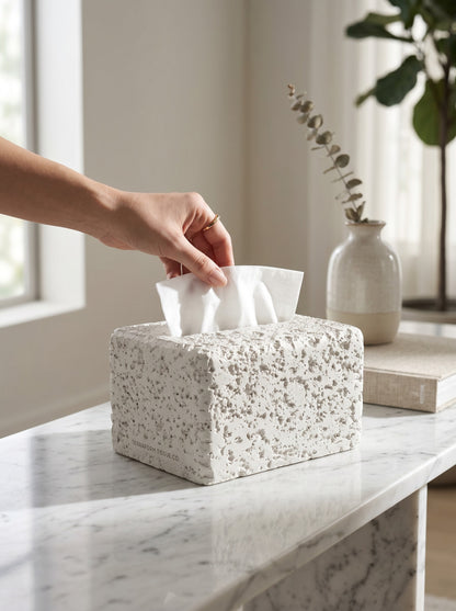 High Objects white textured rectangular tissue box with a rough, porous surface and a slot on top.