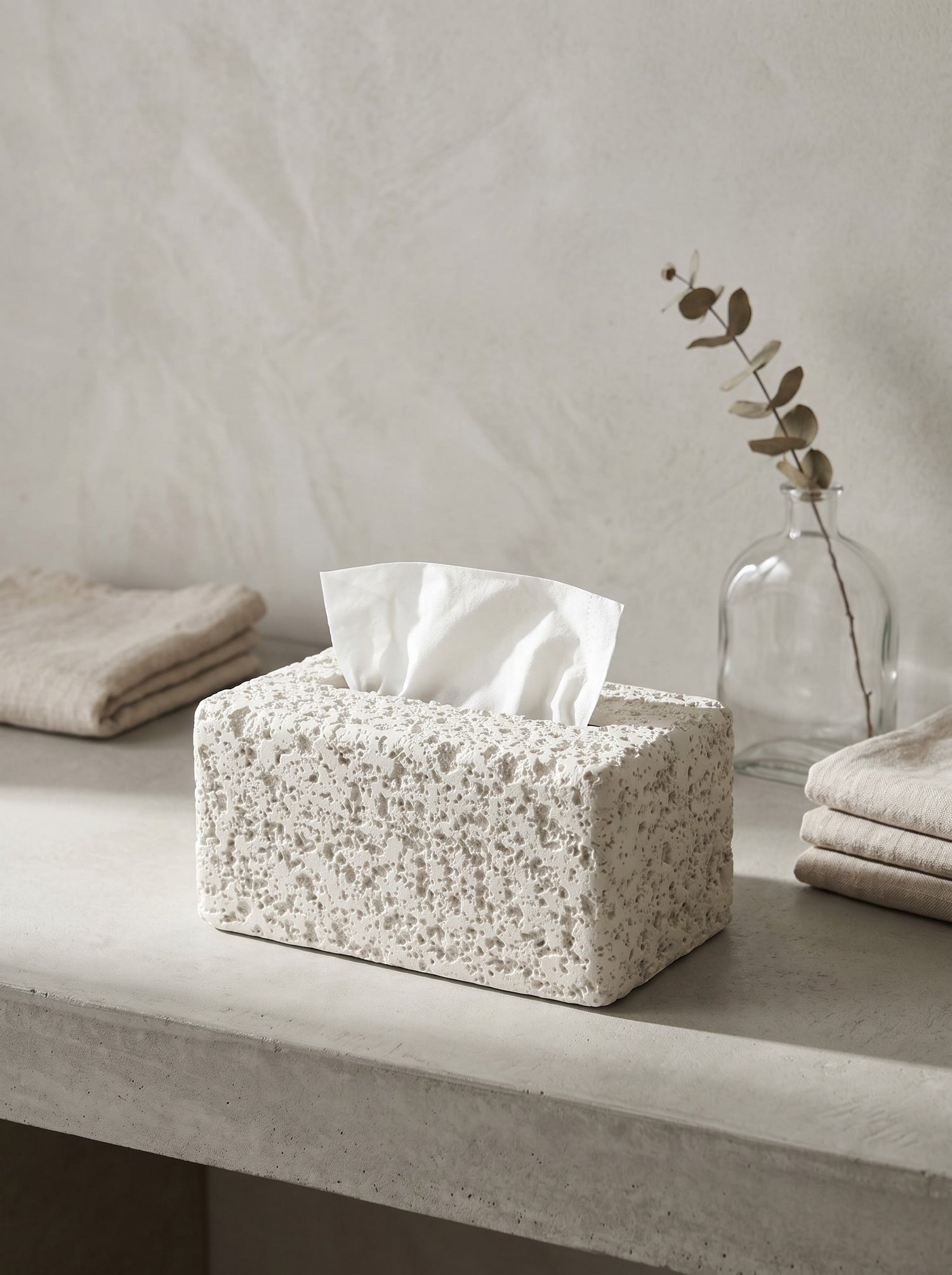 High Objects white textured rectangular tissue box with a rough, porous finish.